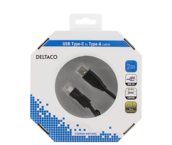 DELTACO USB Type A - Type C -kaapeli, 2m